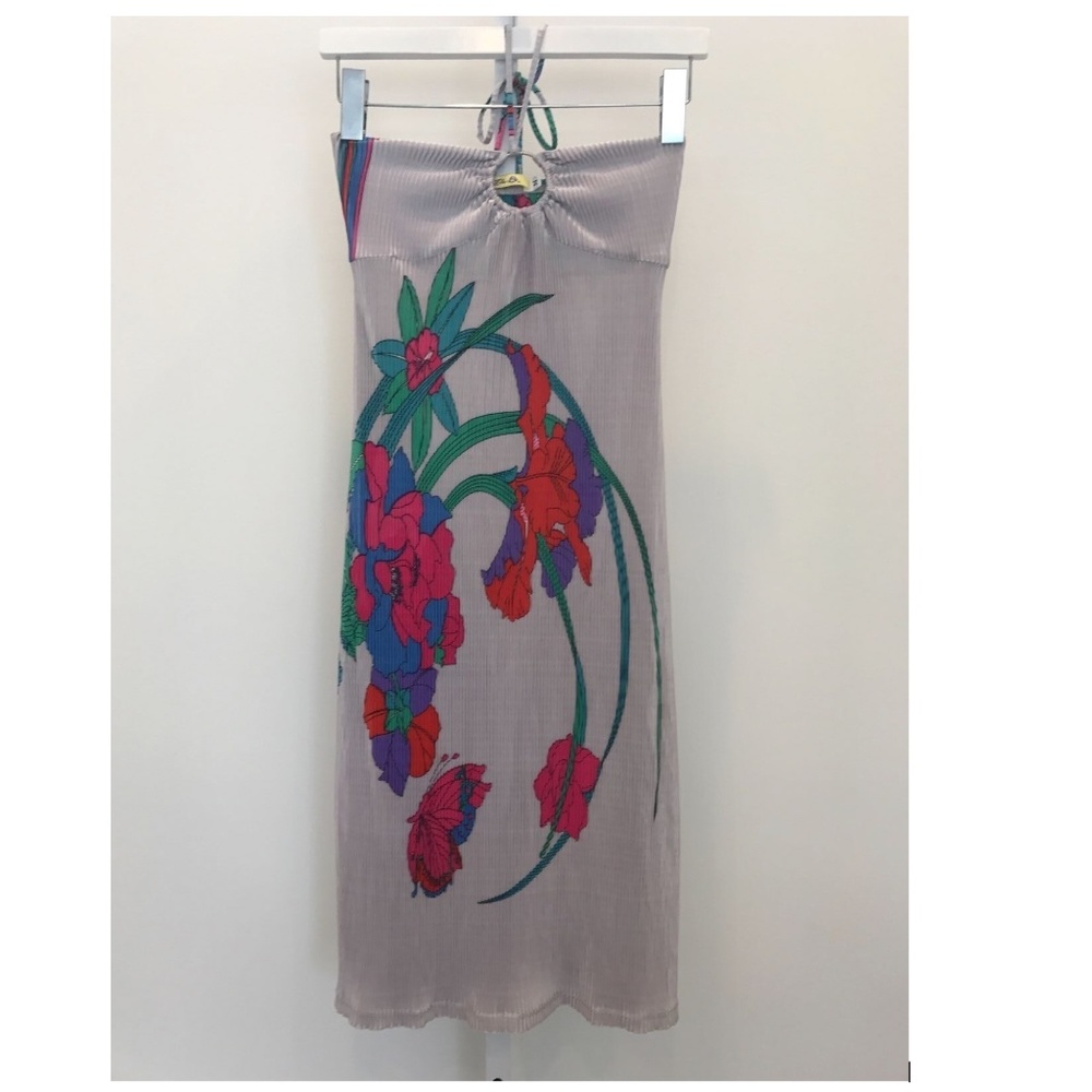 LELU LIGHT GRAY FLORAL SEXY HALTER DRESS M NWOTS!